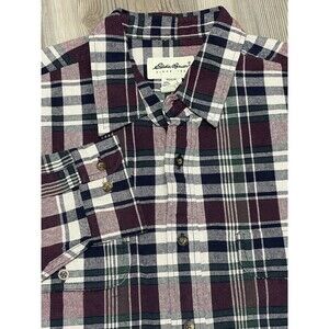 EDDIE BAUER Shirt Mens L Burgundy Green Plaid Midweight Cotton L/S Button Up